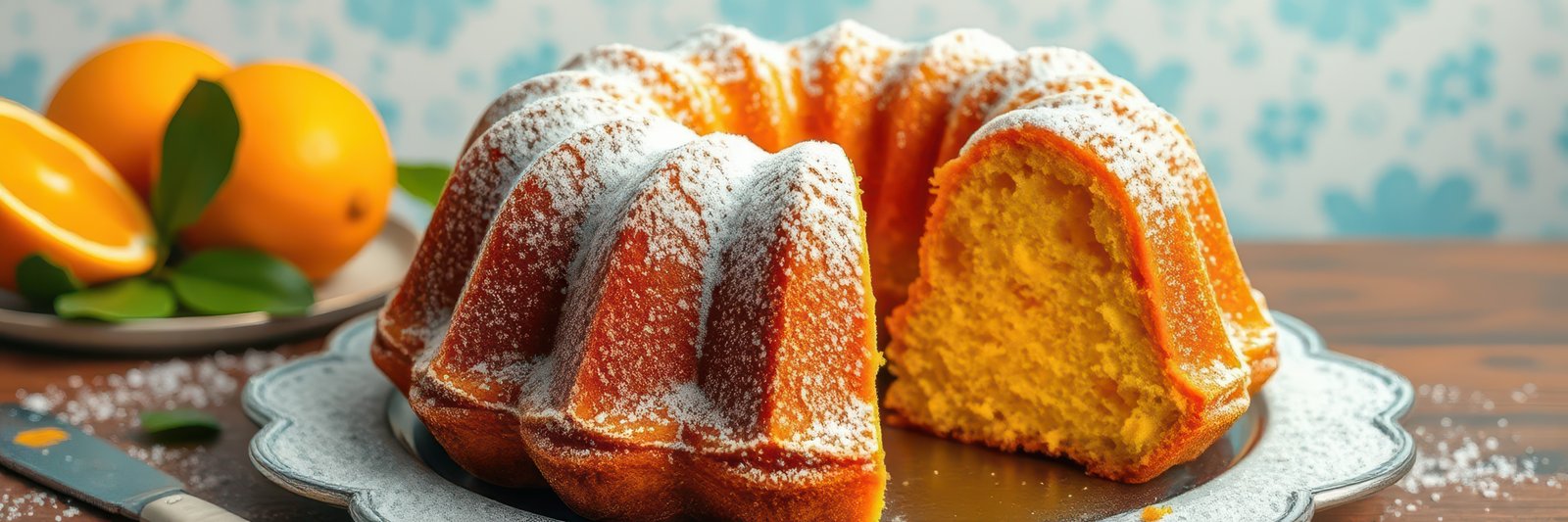 Freshly baked orange bundt cake with powdered sugar on a decorative plate in a cozy kitchen setting